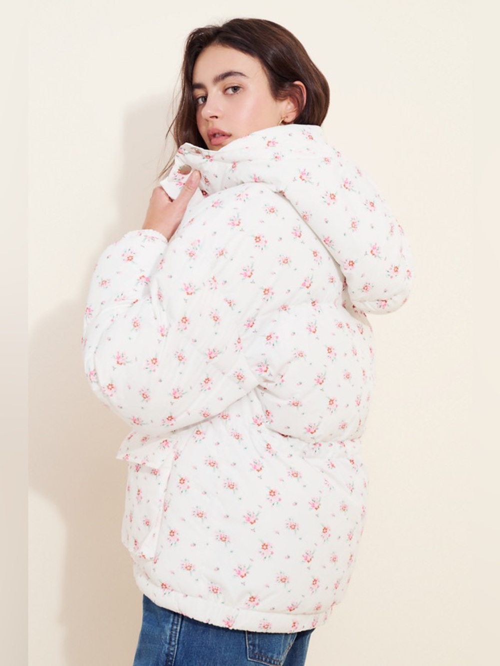 Flat White Floral Hooded Puffer Jacket